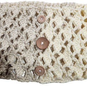Washable wooly cowl scarf wood button ivory white handknit